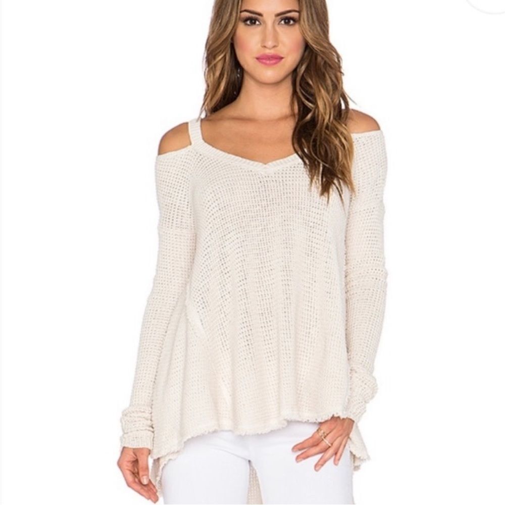 Free People Moonshine V Neck Sweater in Cream Waffle Knit Cold Shoulder